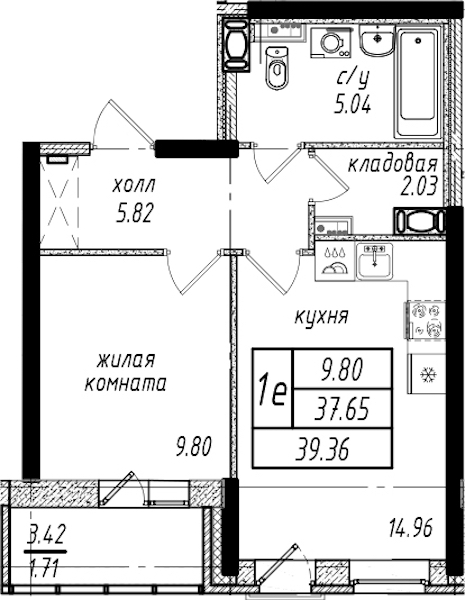 1-комнатная квартира 39.36 м², 14/25 эт., ЖК «Северная Долина»